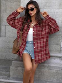 INAWLY 女士休闲宽松格子长袖衬衫，秋季 - 紅色 - 查看 6