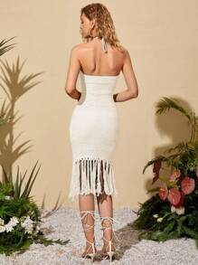 Travachic 系带露背流苏系带网眼吊带夏季女士沙滩裙 - 奶油色 - 查看 2