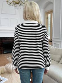 EMERY ROSE Autumn/Winter New Contrast Color Collar Loose Long Sleeve Stripe Women Sweatshirt