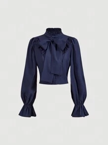 SHEIN MOD Áo sơ mi nữ tay dài buộc nơ phía trước đơn giản - Màu xanh hải quân - Xem 1