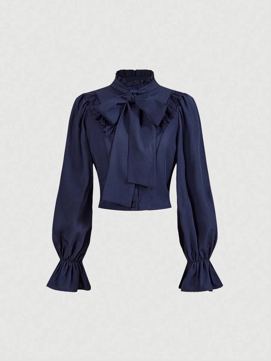 SHEIN MOD Áo sơ mi nữ tay dài buộc nơ phía trước đơn giản - Màu xanh hải quân - Xem 1