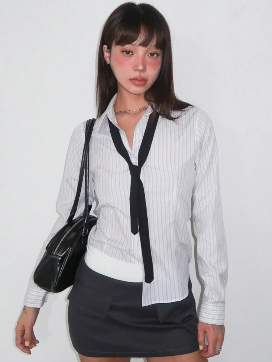 DAZY Women's Regular Collar Striped Slim Fit Button Down Shirt, Light Gray, Spring/Summer Long Sleeve Top