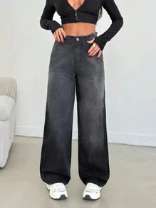 EURMUSE HIGH RISE STRAIGHT CUT RAW BELT JEAN - Dark Grey - View 4