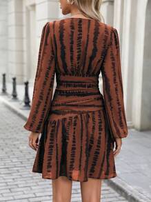 SHEIN Clasi Đầm dự tiệc cổ chữ V tay bồng bềnh họa tiết ngựa vằn ôm sát và xòe cho nữ, Xuân/Thu, Thu - Rỉ Nâu - Xem 2