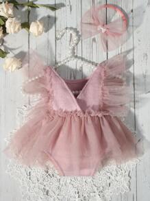 SHEIN Newborn Photography 2pcs Set - Solid Color Mesh Ruffle Romper And Headband Christening Dusty Mauve Summer Cute - Purple - View 8