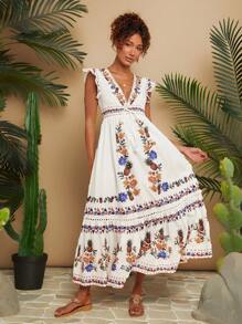 Travachic 度假雪纺 V 领喇叭下摆盖袖印花女式连衣裙 - 白色 - 查看 4