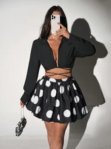 Viva Relle Falda midi con lunares y camisa con lazo cruzado de talla grande - Negro - Ver 4