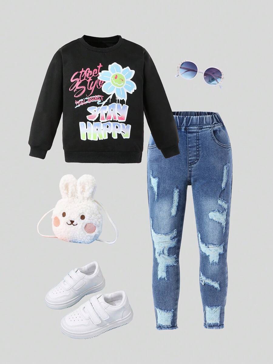 Setelan Streetwear Kasual Y2K 2 Potong untuk Gadis Muda: Sweatshirt dengan Grafis Huruf dan Celana Jeans Denim Lusuh, Musim Gugur/Dingin - Hitam - View 1