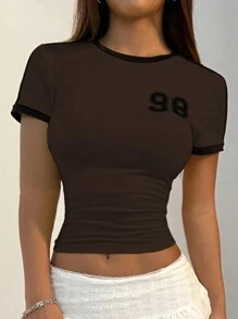 StreetHx Women Crew Neck Short Sleeve Cropped Casual Numeric & Letter Print Fitted T-Shirt Graphic Tees Women Tops