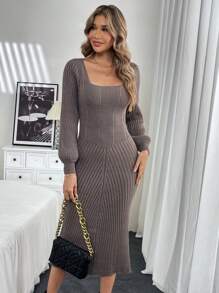 SHEIN Clasi Square Collar Knitted Long Dress, Cinched Waist Waist, Versatile Sweater Dress For Women