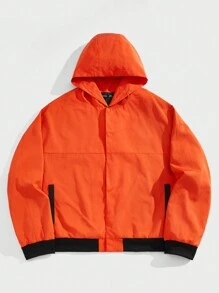 Manfinity VCAY Plus Size Men's Woven Long Sleeve Red Hooded Black Jacket Outerwear, Hooded Street Wear Zipper Graphic Color Block Lightweight Jacket, For Friends, Husband, Boyfriend Gifts