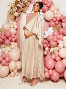 Loomaby Maternity Solid Color Round Neck Pleated Shawl Collar Dress, For Baby Shower Party - Khaki - View 3
