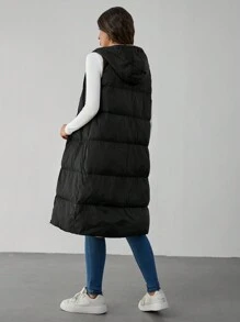 SHEIN Tall Zip Up Slant Pocket Drawstring Hooded Vest Padded Coat - Black - View 2