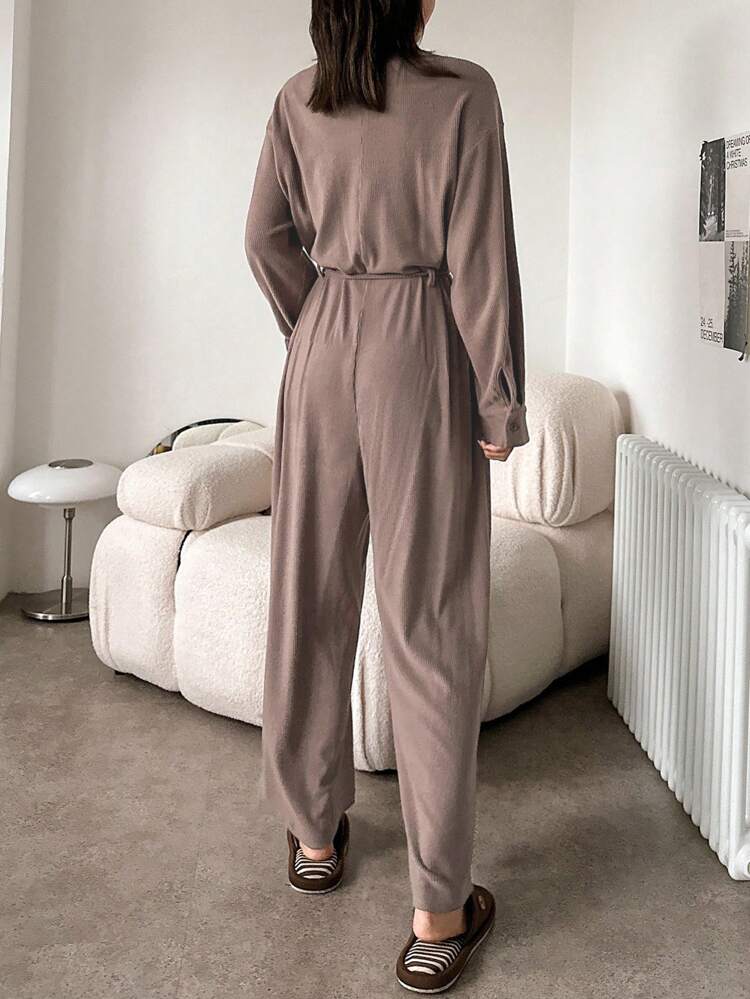 Simple Ribbed Adjustable Cord Waist Pocket Decor Jumpsuit Loungewear Pajama