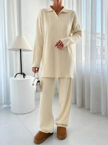 RueChic 高领罗纹图案套头衫裤针织套装