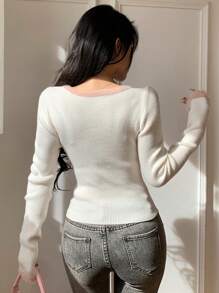 DAZY 女式毛绒拼布撞色刺绣蝴蝶结装饰修身套头衫，秋季服装 - 米色 - 查看 5