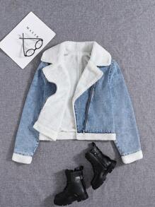 SHEIN 青少年女孩冬季服装寒冷天气保暖服装拼色泰迪熊衬里前开襟机车牛仔夹克大领 - 中等水洗藍 - 查看 4
