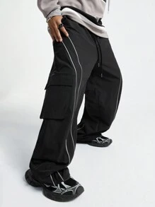 Manfinity VCAY Quần baggy dệt thoi màu đen rộng thùng thình có túi hộp kẻ sọc hai bên dành cho nam, làm quà tặng cho bạn trai - màu đen - Xem 2