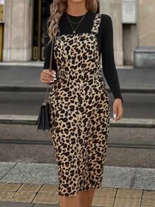 SHEIN Clasi Women's Casual Leopard Print Pinafore Dress With Wide Straps And Buttons, Suitable For Winter