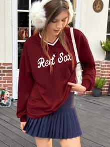 Jouncy Women Letter Print V-Neck Drop Shoulder Long Sleeve Casual T-Shirt, Autumn