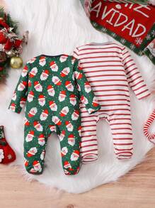 SHEIN 2pcs Newborn Baby Boys Christmas Santa Claus & Stripe Print Soft & Comfortable Long Sleeve Zipper Closure Romper Outfit Set