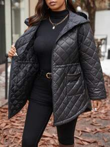 SHEIN Frenchy Áo khoác ấm áp thắt eo chần bông giản dị mùa đông, áo khoác dài tay chần bông hình học thời trang có túi, màu đen - màu đen - Xem 7