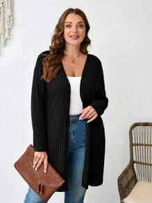SHEIN LUNE Plus Size Plain Color Ribbed Knit Coat For Spring And Autumn Winter Clothes New Year Winter Clothes For Women Fall - Black - View 5
