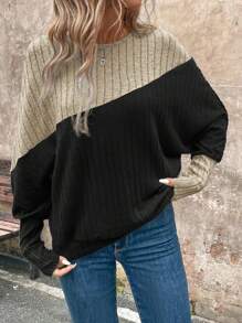 SHEIN LUNE Women Crew Neck Color Block Patchwork Fuzzy Textured Casual Commuter Elegant Street Wear Warm Base Layer Sweatshirt - Multicolor - View 1