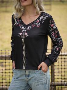 LanaWest Camiseta holgada de manga larga con cuello en V y estampado floral para mujer, camisetas gráficas de otoño para mujer para primavera - Negro - Ver 6