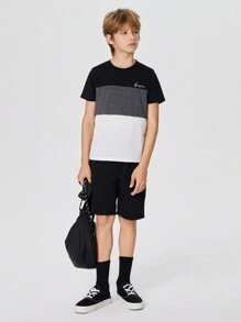 SHEIN Leap Crew Boys Letter Graphic Colourblock Tee and Track Shorts Set - Dark Grey - View 2