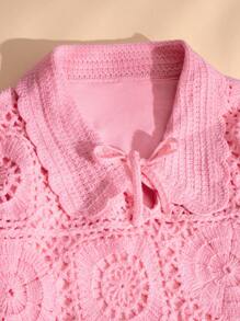 SHEIN Tween Girls 镂空花朵彼得潘领泡泡袖休闲日常可爱罩衫，粉色，秋冬 - 粉色 - 查看 5