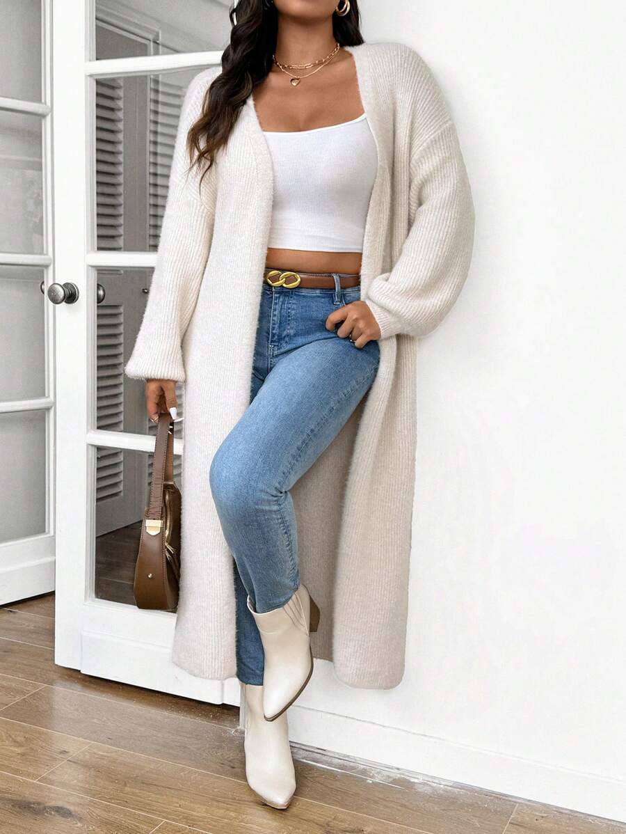 SHEIN Frenchy 大码女式休闲宽松纯色落肩长袖长开衫，适合秋冬季，保暖