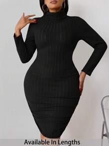 SHEIN PETITE CURVE 大码纯色高领长袖简约休闲短裙 - 黑色 - 查看 1