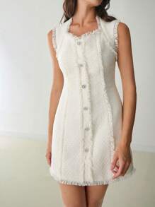 Enchnt Váy vải tuýt sequin Milkmaid thanh lịch không tay màu trắng lãng mạn cho phụ nữ ngày lễ mùa thu, trang phục trở lại trường của giáo viên & váy công sở cho phụ nữ - trắng - Xem 9