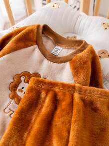 SHEIN 男婴/女婴 2 件/套 撞色可爱卡通狮子贴花插肩袖连帽衫和保暖内衬慢跑裤，适合室内外穿着，厚款适合秋冬季 - 棕色 - 查看 9