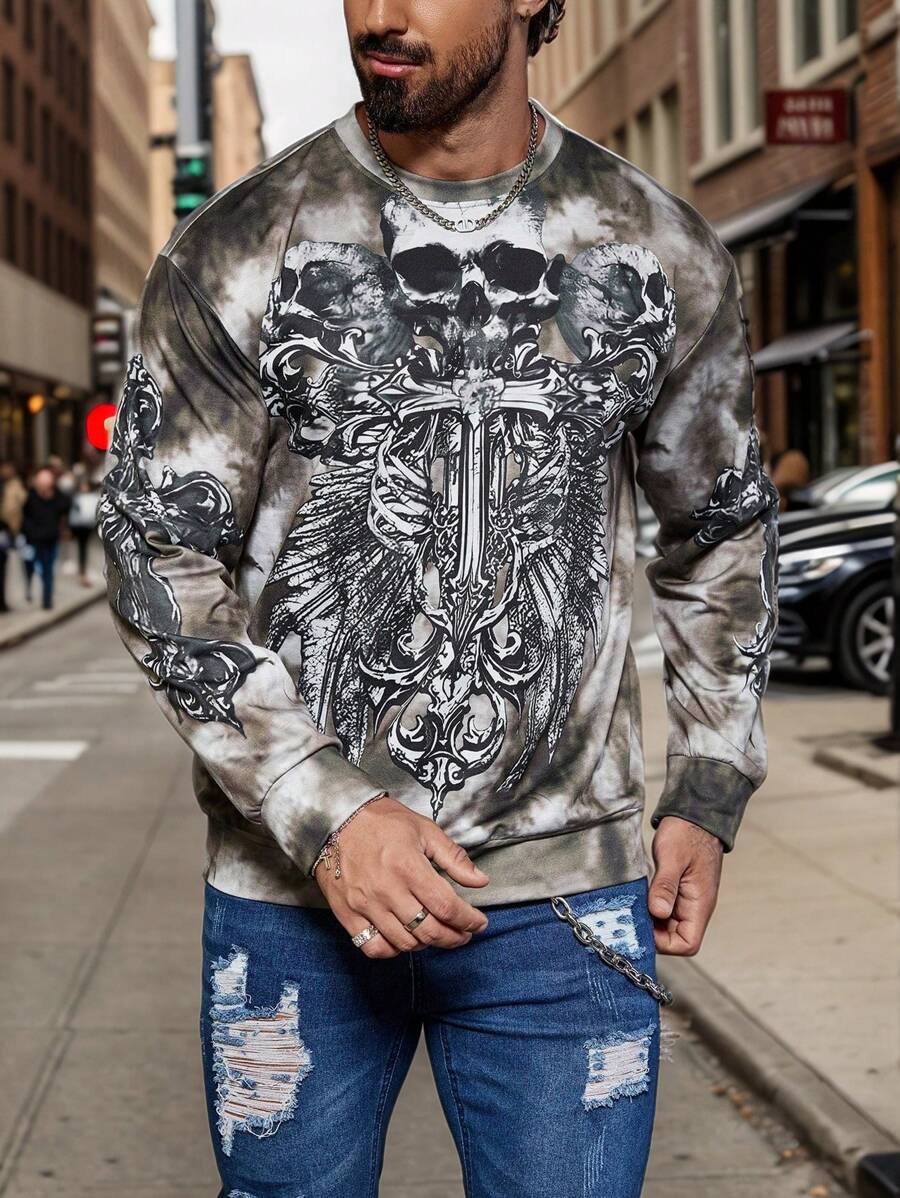 Manfinity LEGND Men's Autumn Cross & Skull Print Long Sleeve Tie-Dye Pullover Hooded Sweatshirt,Poison Ivy Costume - Multicolor - View 1