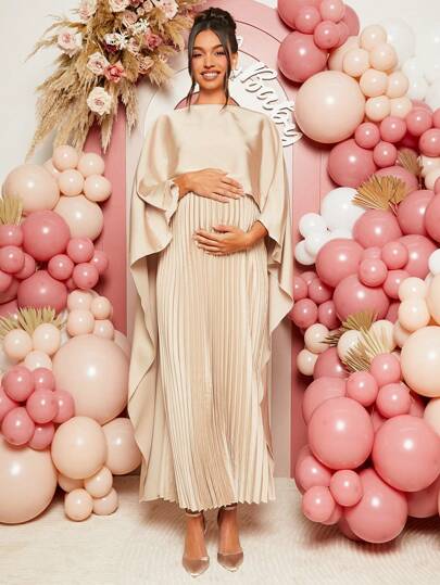 Loomaby Maternity Solid Color Round Neck Pleated Shawl Collar Dress, For Baby Shower Party