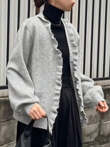 FRIFUL Cárdigan holgado con borde con volantes para mujer - Gris - Ver 2