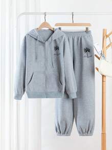 Pflanzen-Muster Hoodie mit Reißverschluss und Langarm und elastische Taille Jogginghose, lässiges 2-teiliges Set
