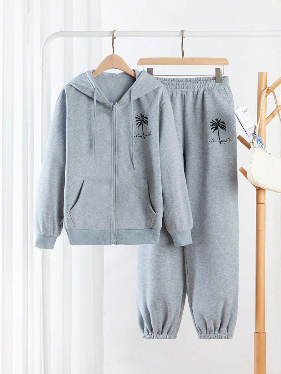 Pflanzen-Muster Hoodie mit Reißverschluss und Langarm und elastische Taille Jogginghose, lässiges 2-teiliges Set