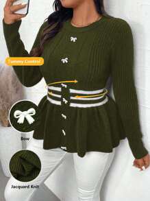 Calvaya Sweater Rajut Kasual Lengan Panjang Leher Bulat Ukuran Besar dengan Hiasan Pita, Cocok untuk Musim Gugur dan Musim Dingin. - Hijau Tentara - View 1