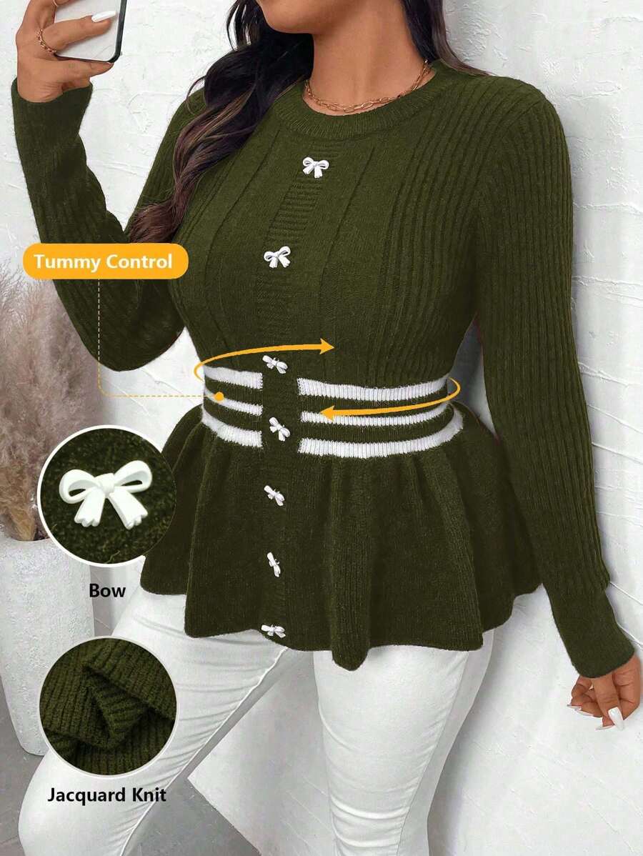 Calvaya Sweater Rajut Kasual Lengan Panjang Leher Bulat Ukuran Besar dengan Hiasan Pita, Cocok untuk Musim Gugur dan Musim Dingin. - Hijau Tentara - View 1