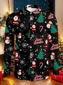 Manfinity AFTRDRK 1pc Men's Santa Claus Print Long Sleeve Single-Breasted Casual Shirt, Autumn For Christmas - Black - View 1