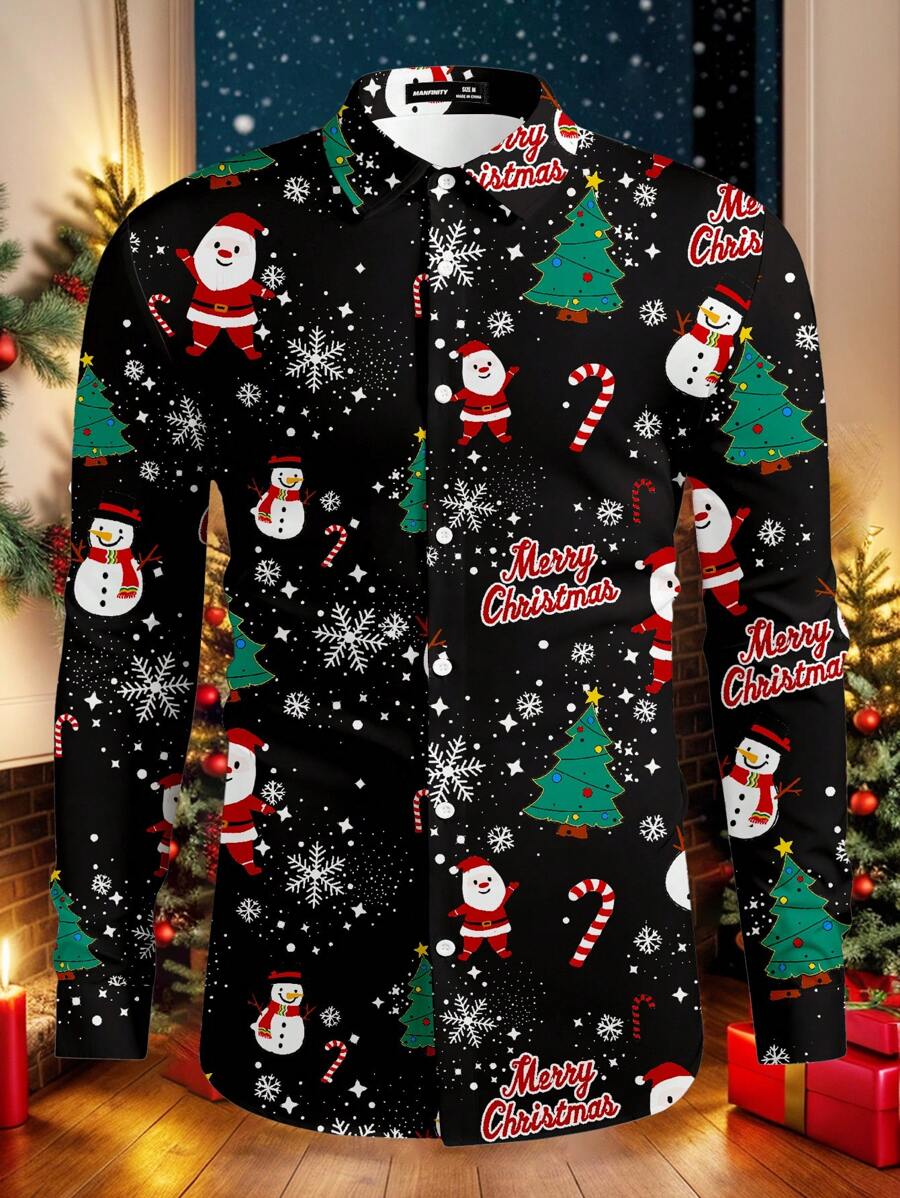 Manfinity AFTRDRK 1pc Men's Santa Claus Print Long Sleeve Single-Breasted Casual Shirt, Autumn For Christmas - Black - View 1