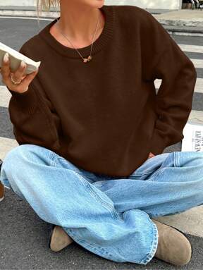 INAWLY Suéter minimalista feminino de manga comprida com decote redondo e cor sólida, casual para uso diário