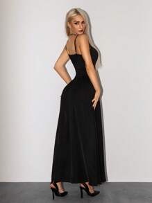 SHEIN ICON Đầm bodycon eo Hipster 2 trong 1 cổ bẻ, hai dây mảnh, siêu dài - màu đen - Xem 5