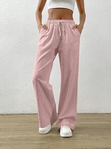 SHEIN EZwear Cotton Loose Straight Drawstring Waist Slant Pocket Pants
