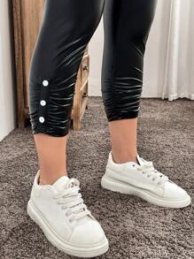 SHEIN LUNE Leggings décontractés en PU à taille élastique froncée avec boutons pour femmes grandes tailles, vêtements d'automne grande taille