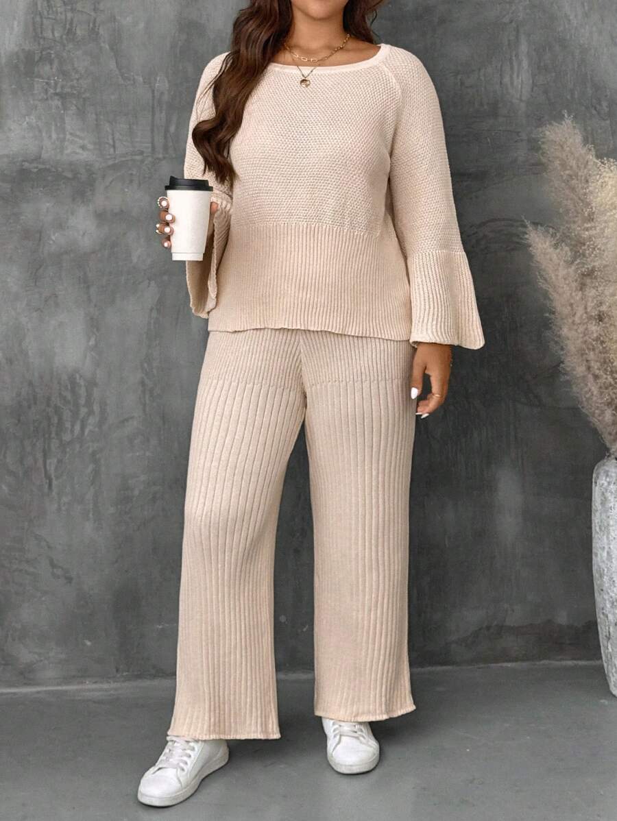 EMERY ROSE Plus Size Apricot Plus Size Boat Neck Batwing Casual Sweater & Wide Leg Pants 2 Pieces Knit Set, Autumn Winter - Apricot - View 1
