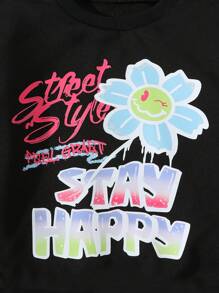 Setelan Streetwear Kasual Y2K 2 Potong untuk Gadis Muda: Sweatshirt dengan Grafis Huruf dan Celana Jeans Denim Lusuh, Musim Gugur/Dingin - Hitam - View 7